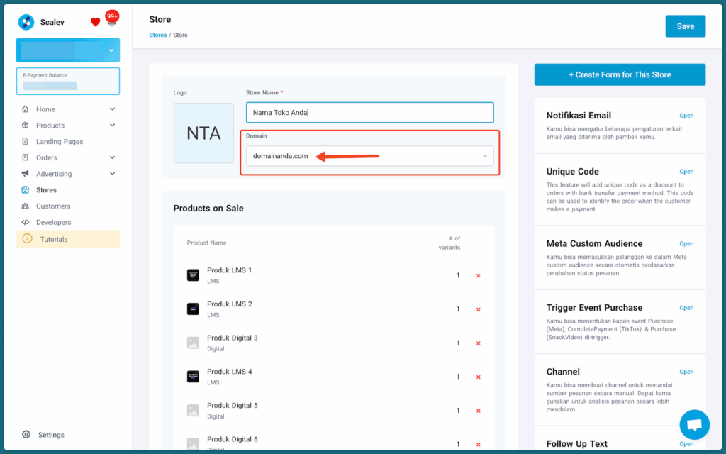 Pengaturan domain store