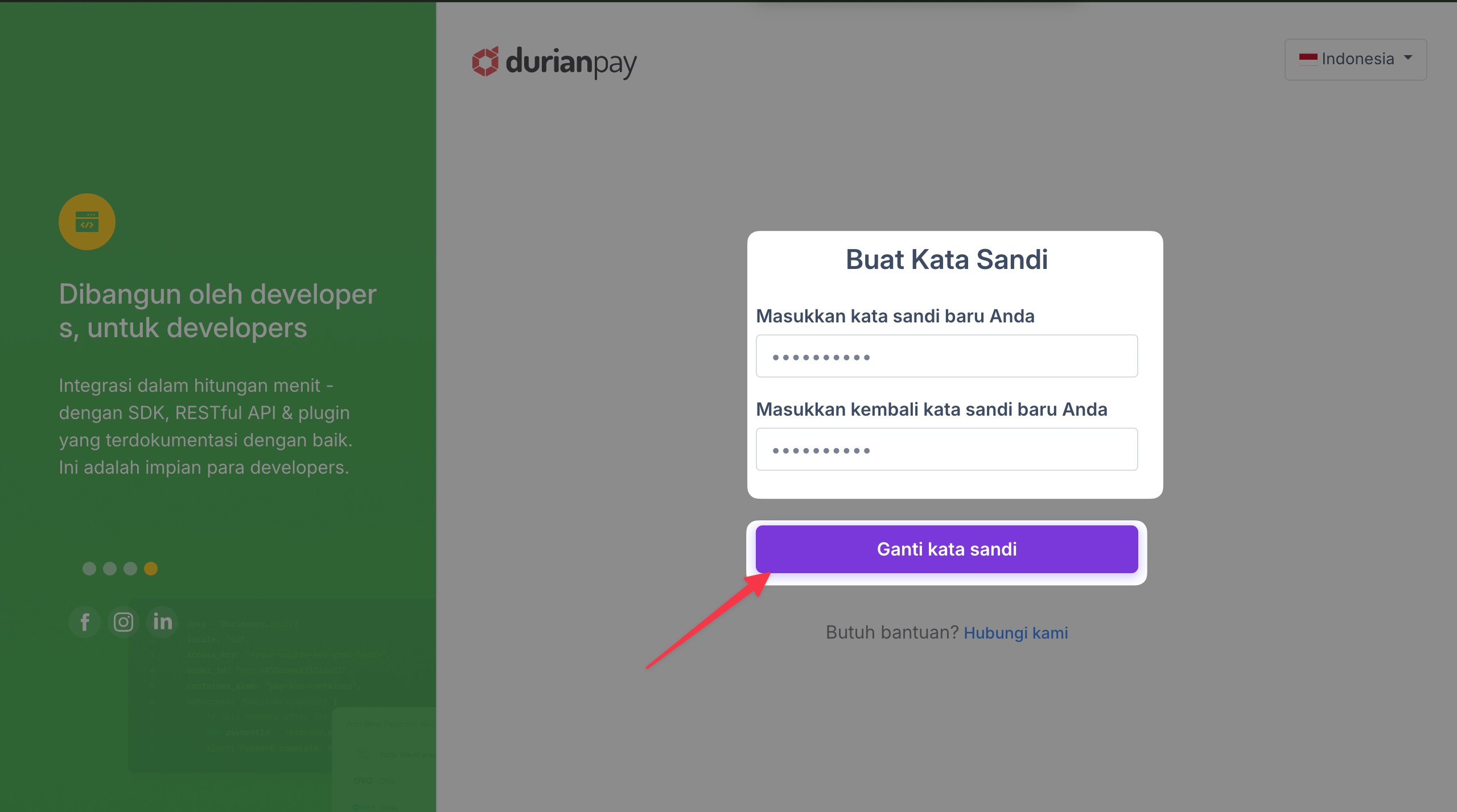 Form ganti kata sandi DurianPay