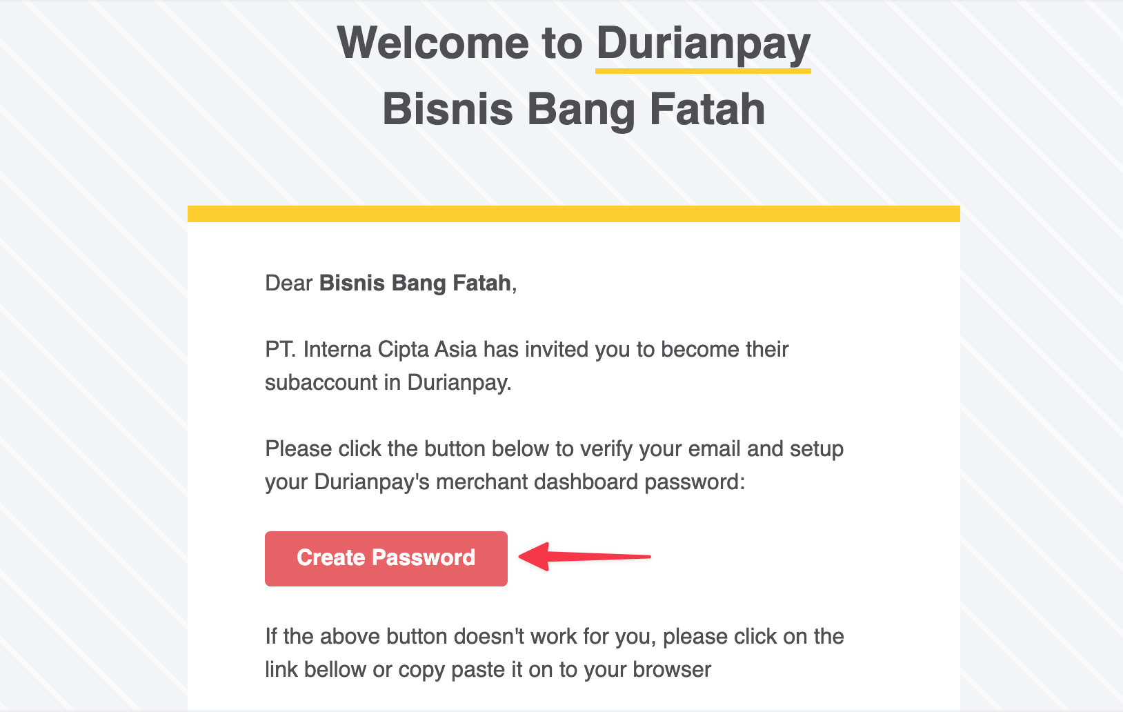 Tombol Create Password di email DurianPay