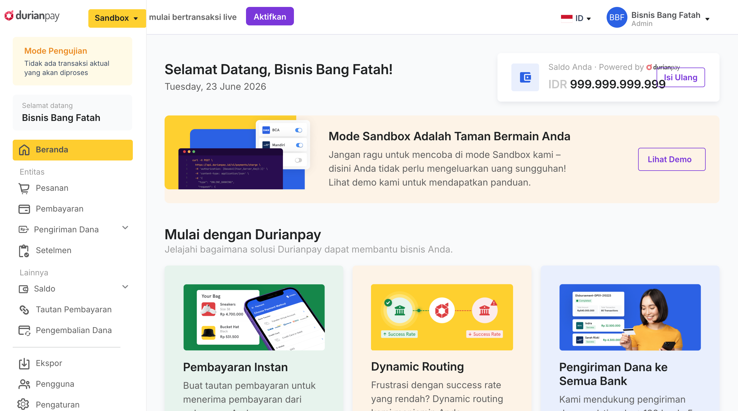 Dashboard DurianPay mode Sandbox