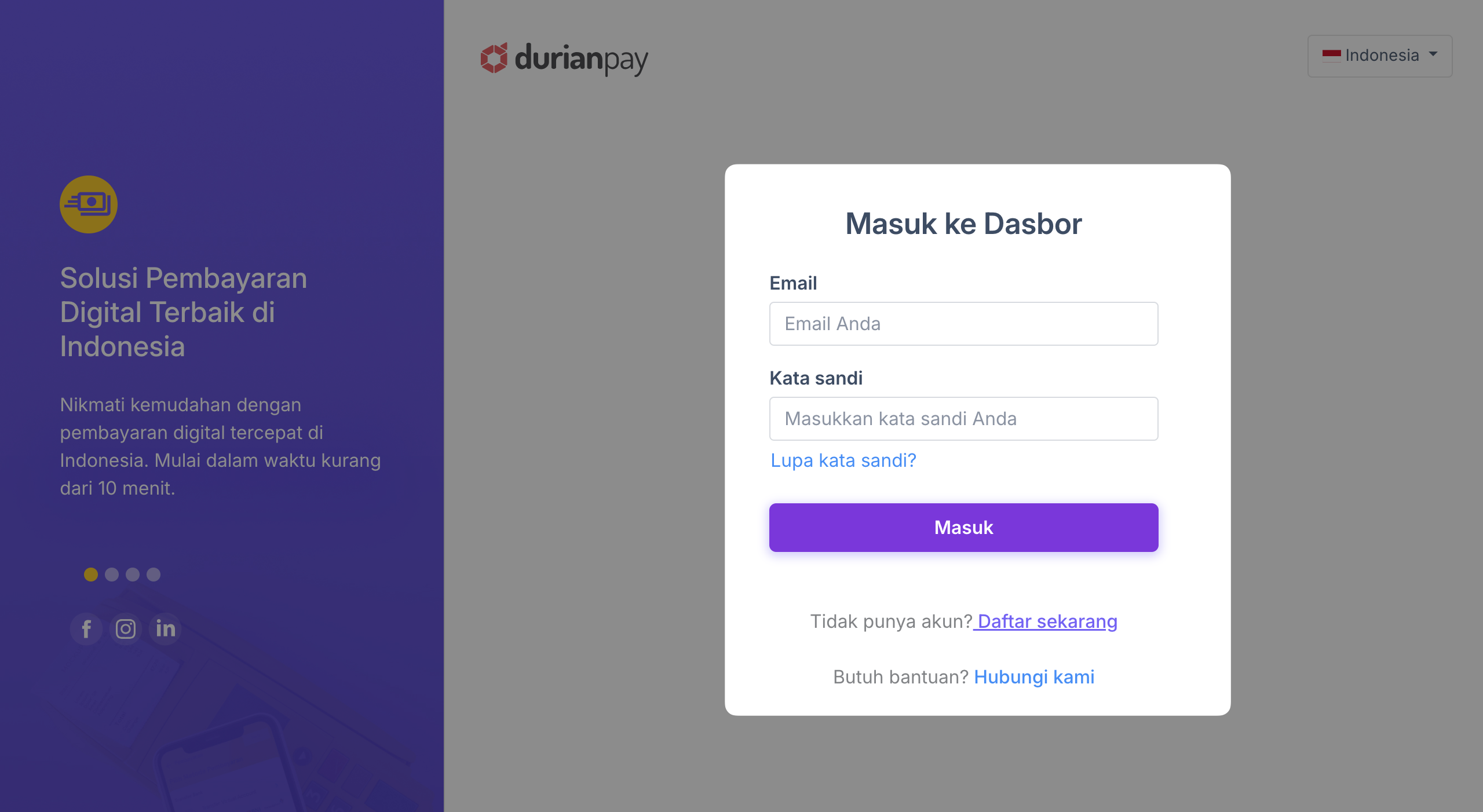 Halaman login DurianPay