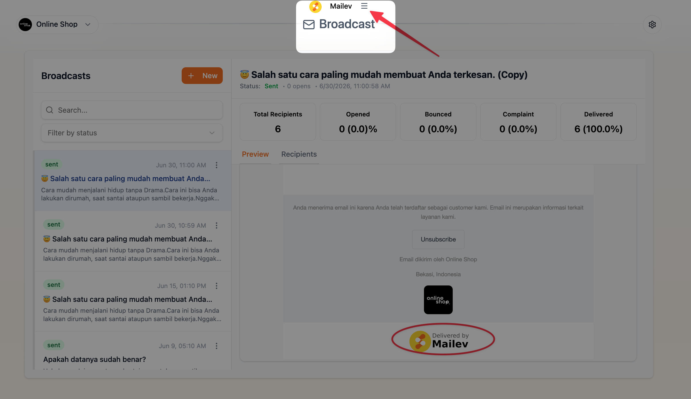Klik ikon menu pada Dashboard Mailev